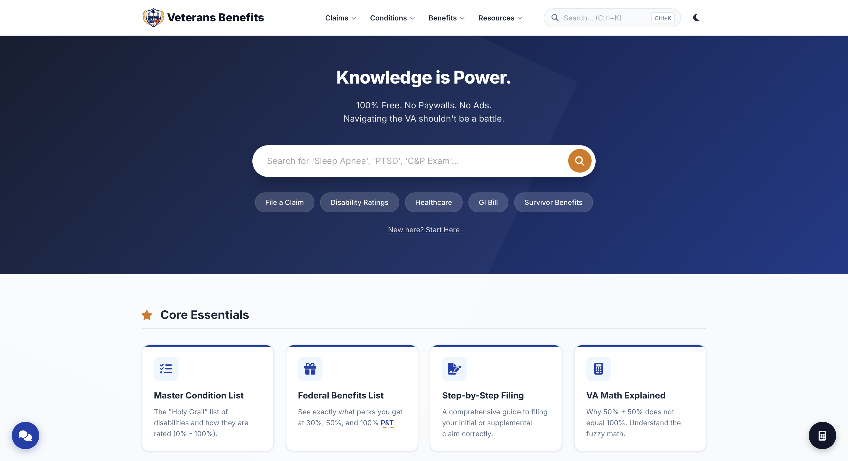 Veterans Benefits Center website homepage preview