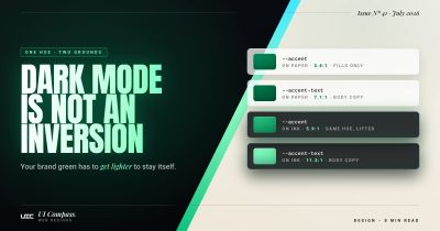 The same button and text block shown on a light background and a dark background with contrast ratios labelled