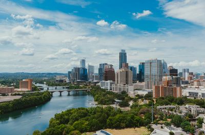 Downtown Austin, TX skyline along Lady Bird Lake.