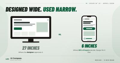 A 27-inch monitor next to a small smartphone showing the same website rendered at very different sizes
