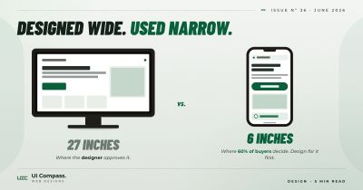 A 27-inch monitor next to a small smartphone showing the same website rendered at very different sizes