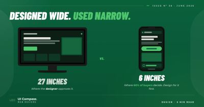 A 27-inch monitor next to a small smartphone showing the same website rendered at very different sizes
