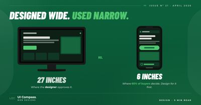 A 27-inch monitor next to a small smartphone showing the same website rendered at very different sizes