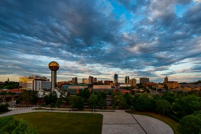 Downtown Knoxville, TN skyline with the Sunsphere at World's Fair Park.
