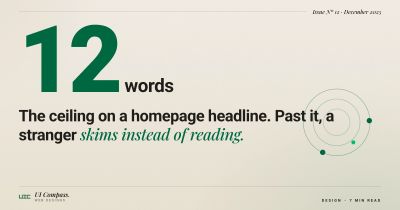 A browser window showing only the top screen of a homepage, with the headline circled and a stopwatch beside it