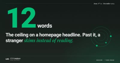 A browser window showing only the top screen of a homepage, with the headline circled and a stopwatch beside it