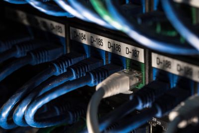 A network patch panel with rows of coloured cables plugged into ports